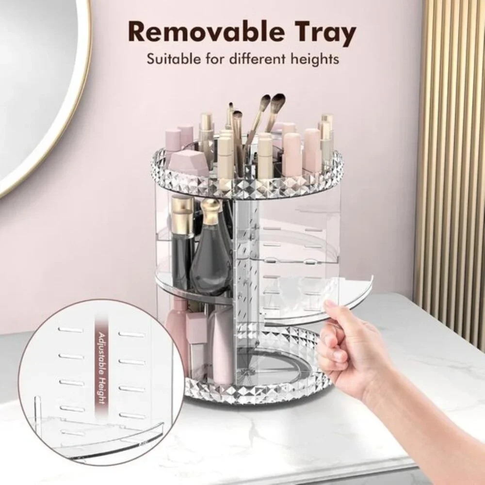 New 360° Rotating Makeup Organizer, Adjustable Clear Cosmetic Storage for Room